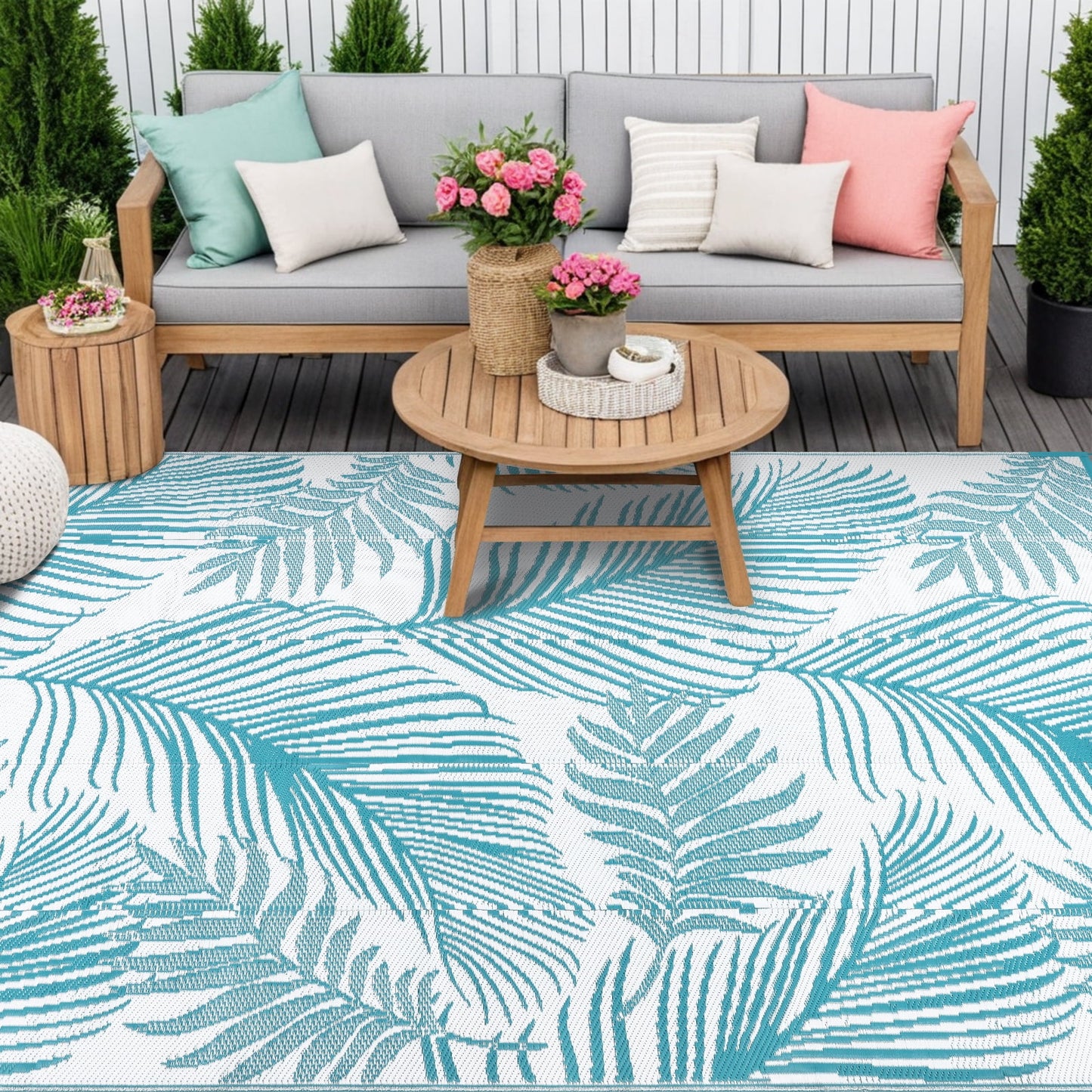 LOKHOM 8'x10' Teal Outdoor Rug Waterproof Reversible Geometric Carpet for RV,Patio,Balcony,Camper,Porch