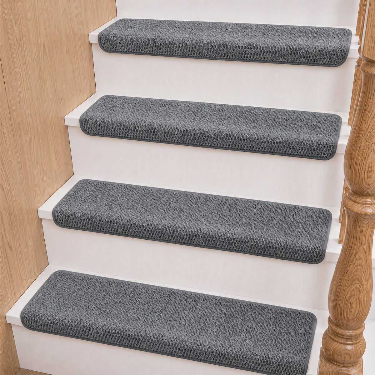 LOKHOM 15 Pack 8"x30" Bullnose Stair Treads for Wooden Steps Indoor, Faux Sisal Non Slip Braided Stair Carpet, Staircase Protector Rugs for Kids Elders & Pets, Gray