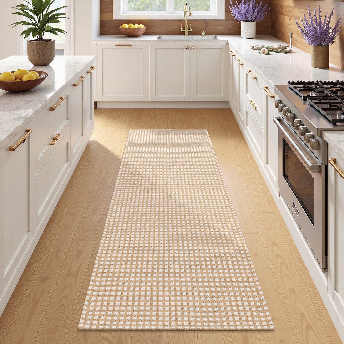 LOKHOM 2'x6' Kitchen Runner Rug, Non Slip Washable Cotton Woven Runners for Hallways, Entryway, Kitchen, Beige White