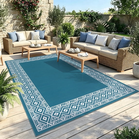 LOKHOM 5'x7' Faux Jute Outdoor Rugs, Bohemian Area Rug for Living Room, Washable Non Slip Indoor Outdoor Carpet for Patio Backyard Bedroom, Blue