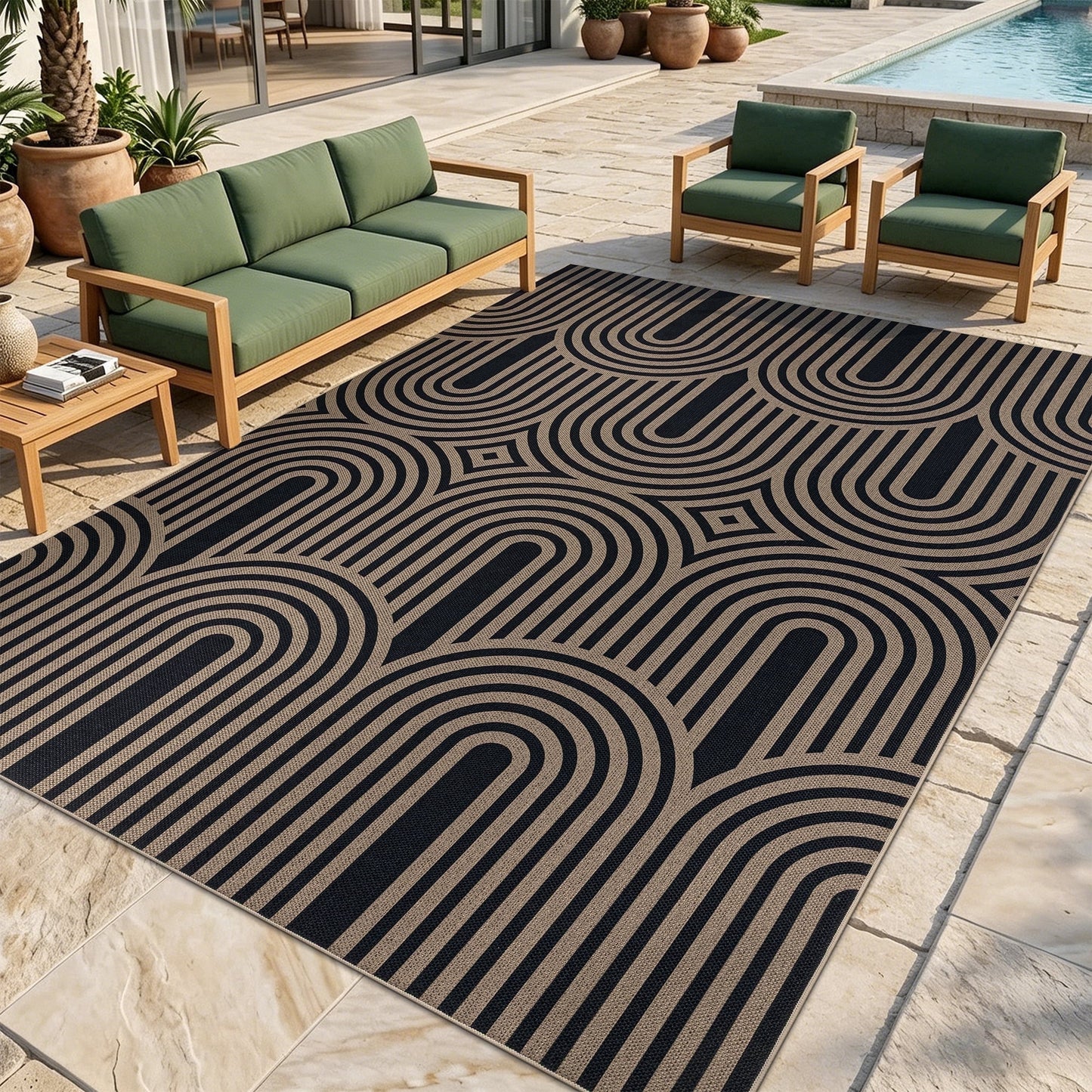 LOKHOM 6'x9' Faux Jute Outdoor Rugs, Geometric Area Rug for Living Room, Washable Non Slip Indoor Outdoor Carpet for Patio Backyard Bedroom, Black Brown