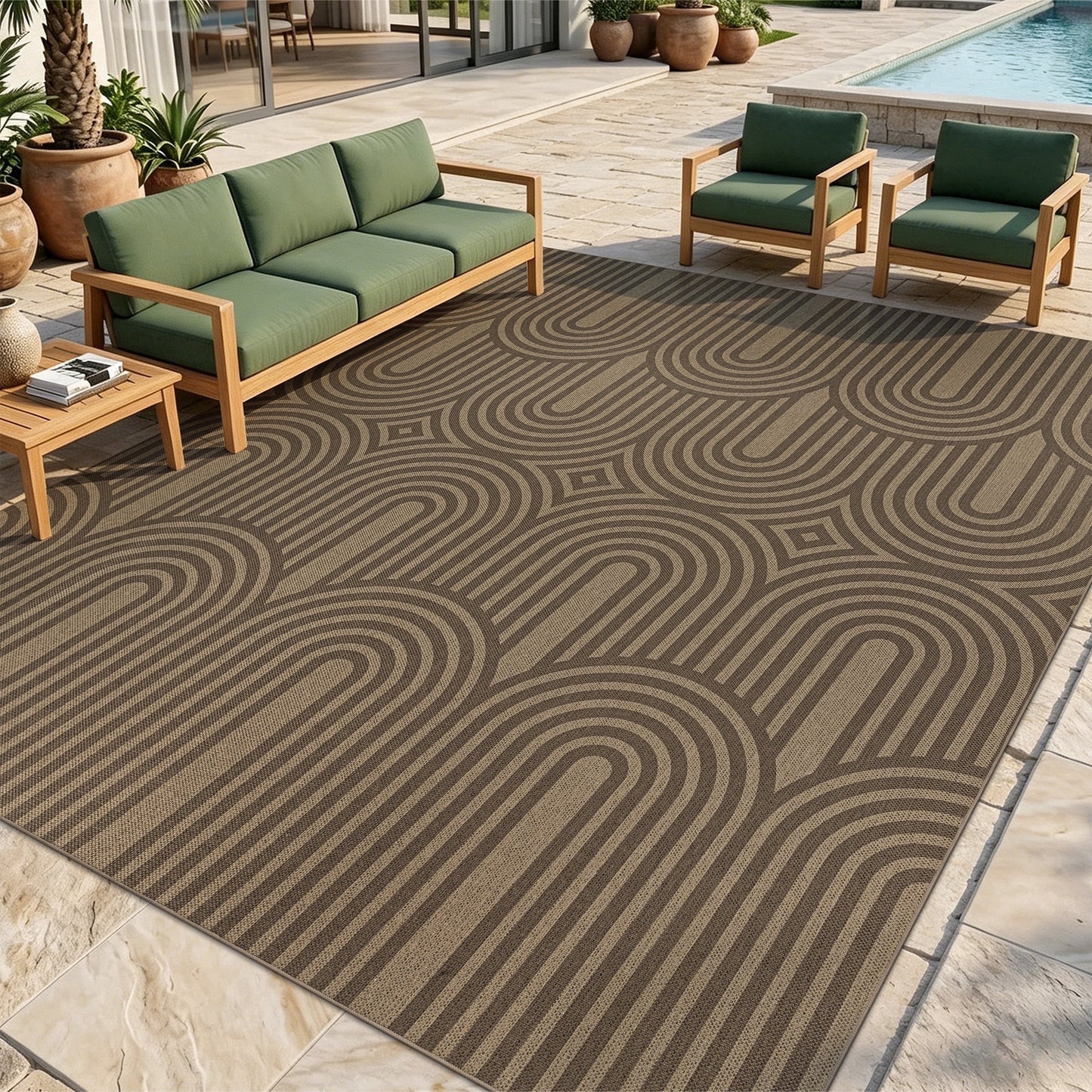 LOKHOM 8'x10' Faux Jute Outdoor Rugs, Geometric Area Rug for Living Room, Washable Non Slip Indoor Outdoor Carpet for Patio Backyard Bedroom, Beige Brown