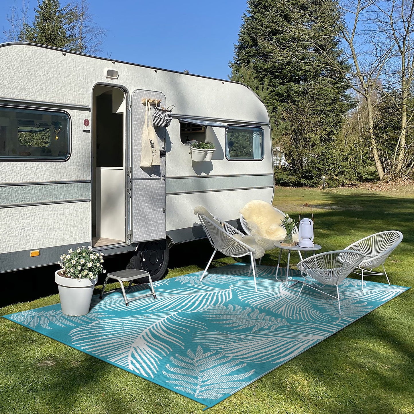 LOKHOM 6'x9' Teal Outdoor Rug Waterproof Reversible Geometric Carpet for RV,Patio,Balcony,Camper,Porch