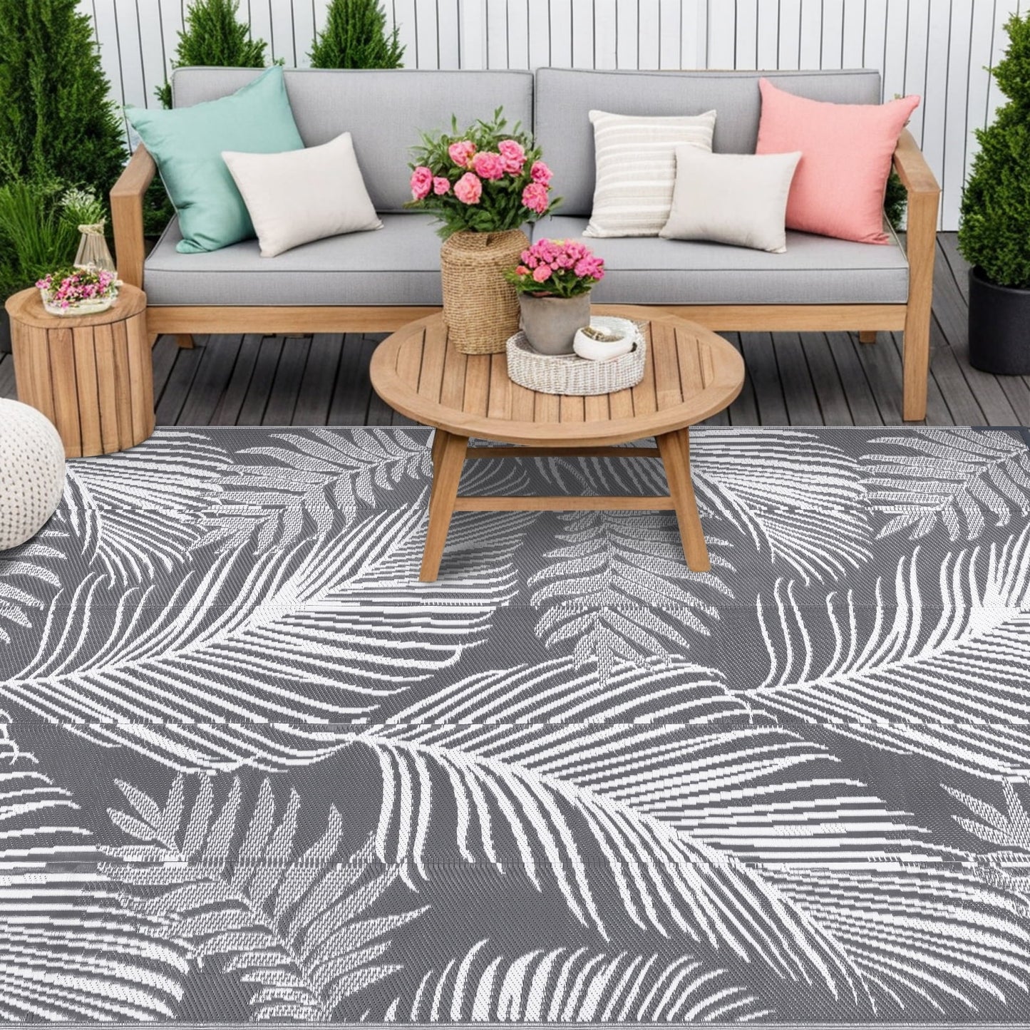 LOKHOM 9'x12' Gray Outdoor Rug Waterproof Reversible Plastic Straw Rug for Patios,Porch,RV,Beach