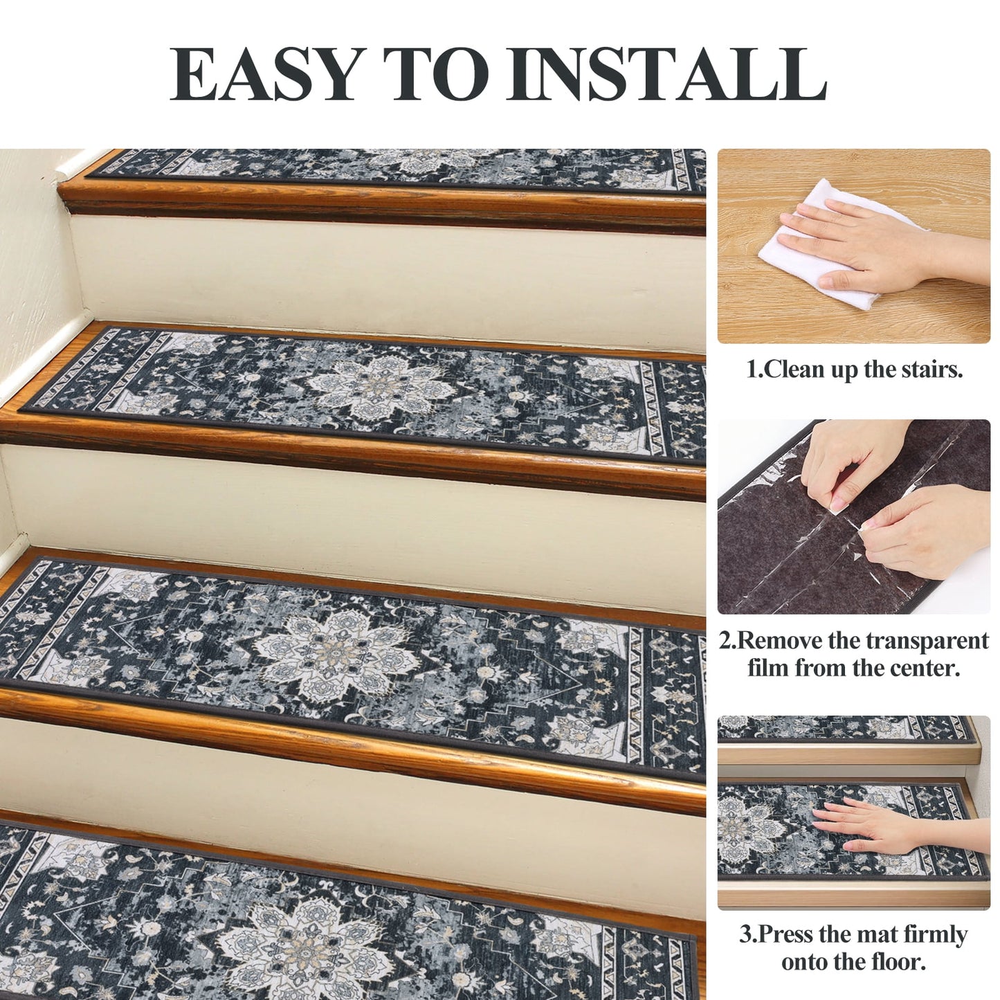 LOKHOM 15 Pack Carpet Stair Treads for Wooden Steps Indoor 8" X 30" Non Slip Staircase Step Treads for Dogs, Kids and Elders, Black