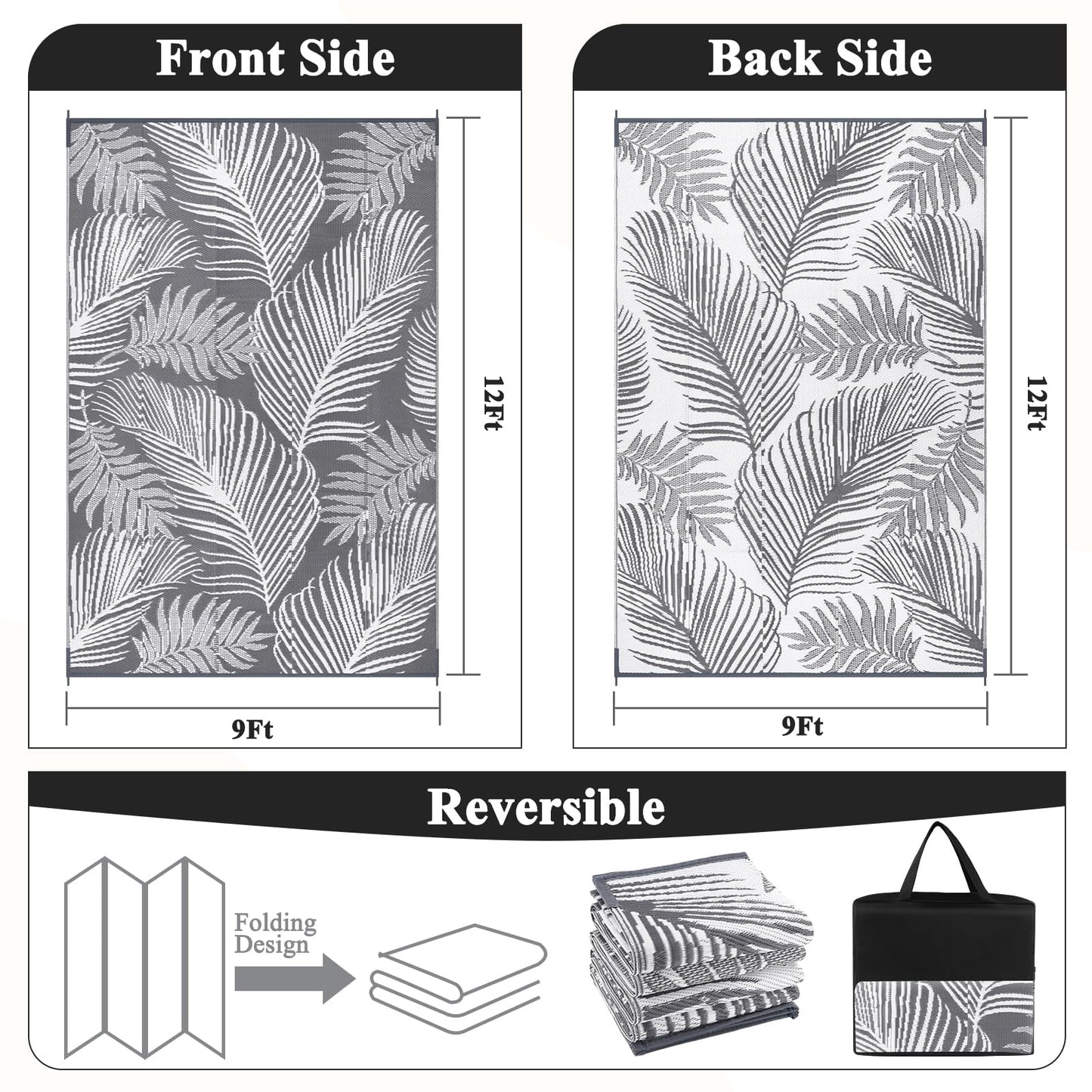 LOKHOM 9'x12' Gray Outdoor Rug Waterproof Reversible Plastic Straw Rug for Patios,Porch,RV,Beach