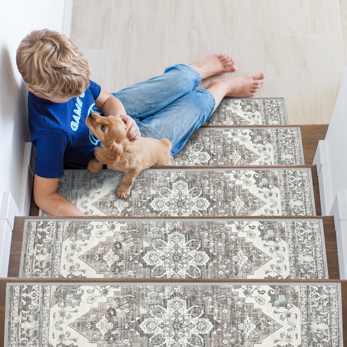 LOKHOM 15 Pack Carpet Stair Treads for Wooden Steps Indoor 8" X 30" Non Slip Staircase Step Treads for Dogs, Kids and Elders, Beige