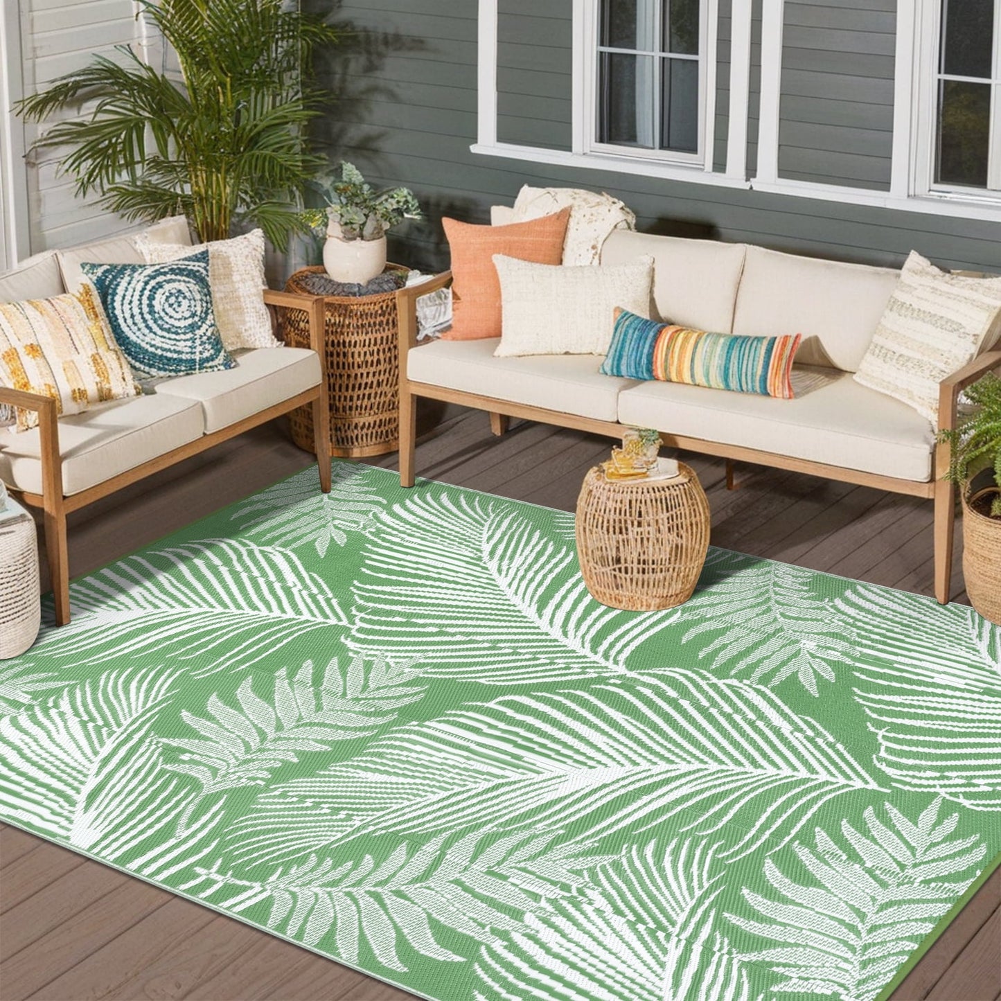 LOKHOM 9'x12' Green Outdoor Rug Waterproof Reversible Plastic Straw Rug for Patios,Porch,RV,Beach