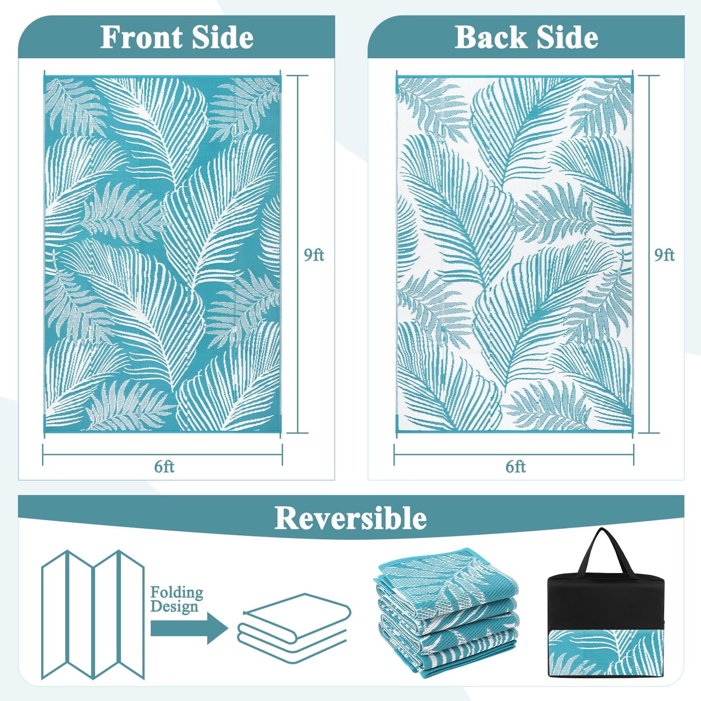 LOKHOM 6'x9' Teal Outdoor Rug Waterproof Reversible Geometric Carpet for RV,Patio,Balcony,Camper,Porch