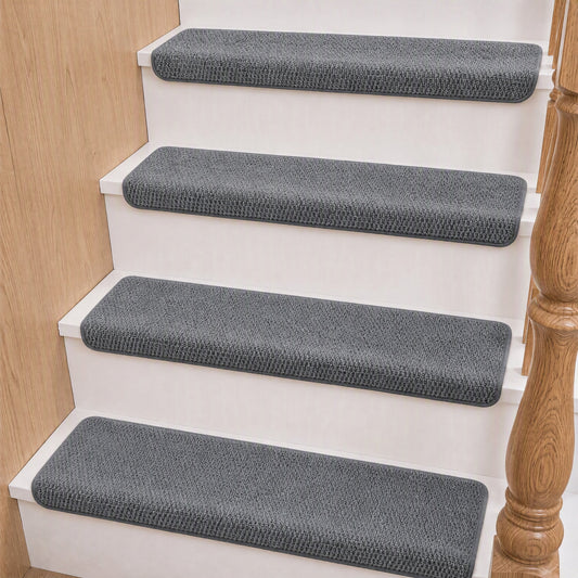 LOKHOM 15 Pack 8"x30" Bullnose Stair Treads for Wooden Steps Indoor, Faux Sisal Non Slip Braided Stair Carpet, Staircase Protector Rugs for Kids Elders & Pets, Gray
