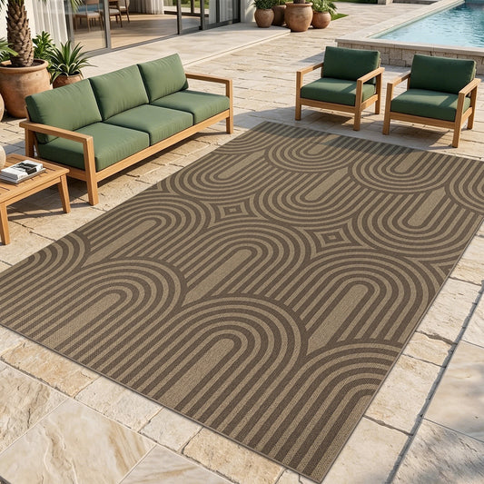 LOKHOM 5'x7' Faux Jute Outdoor Rugs, Geometric Area Rug for Living Room, Washable Non Slip Indoor Outdoor Carpet for Patio Backyard Bedroom, Beige Brown
