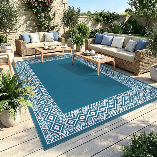 LOKHOM 6'x9' Faux Jute Outdoor Rugs, Bohemian Area Rug for Living Room, Washable Non Slip Indoor Outdoor Carpet for Patio Backyard Bedroom, Blue