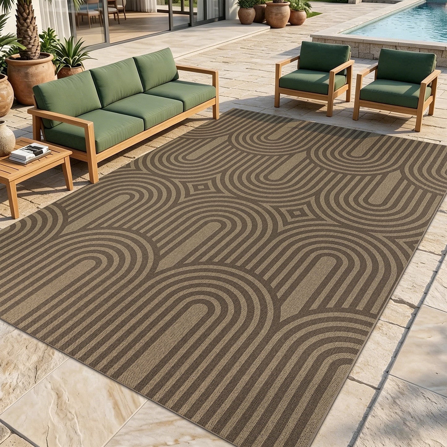 LOKHOM 6'x9' Faux Jute Outdoor Rugs, Geometric Area Rug for Living Room, Washable Non Slip Indoor Outdoor Carpet for Patio Backyard Bedroom, Beige Brown
