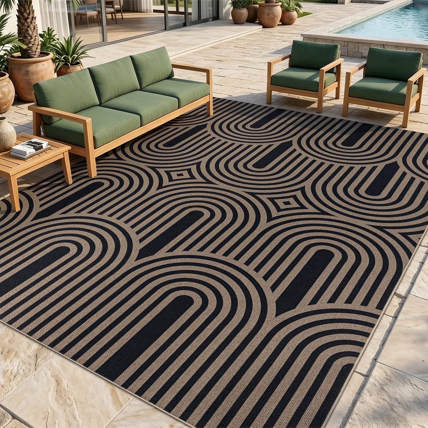 LOKHOM 8'x10' Faux Jute Outdoor Rugs, Geometric Area Rug for Living Room, Washable Non Slip Indoor Outdoor Carpet for Patio Backyard Bedroom, Black Brown