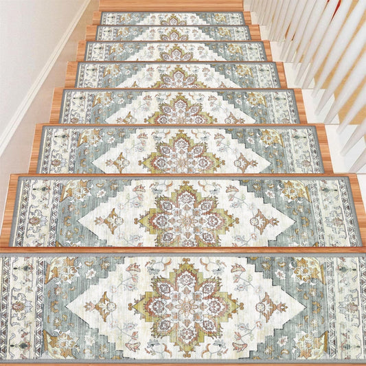 LOKHOM 15 Pack Carpet Stair Treads for Wooden Steps Indoor 8" X 30" Non Slip Staircase Step Treads for Dogs, Kids and Elders, Green