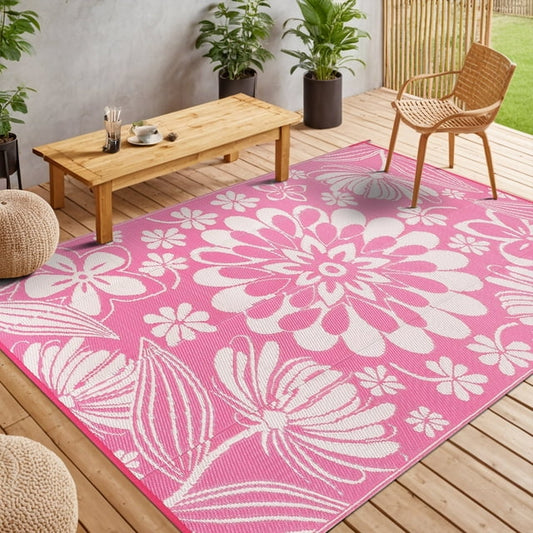 LOKHOM 5'x8' Pink Outdoor Rug Waterproof Reversible Plastic Straw Rug Carpet for Camping RV, Porch, Balcony, Camper, Backyard