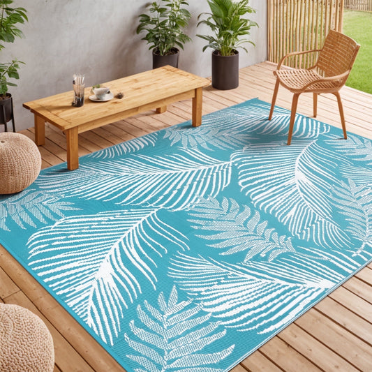 LOKHOM 9'x12' Teal Outdoor Rug Waterproof Reversible Geometric Carpet for RV,Patio,Balcony,Camper,Porch