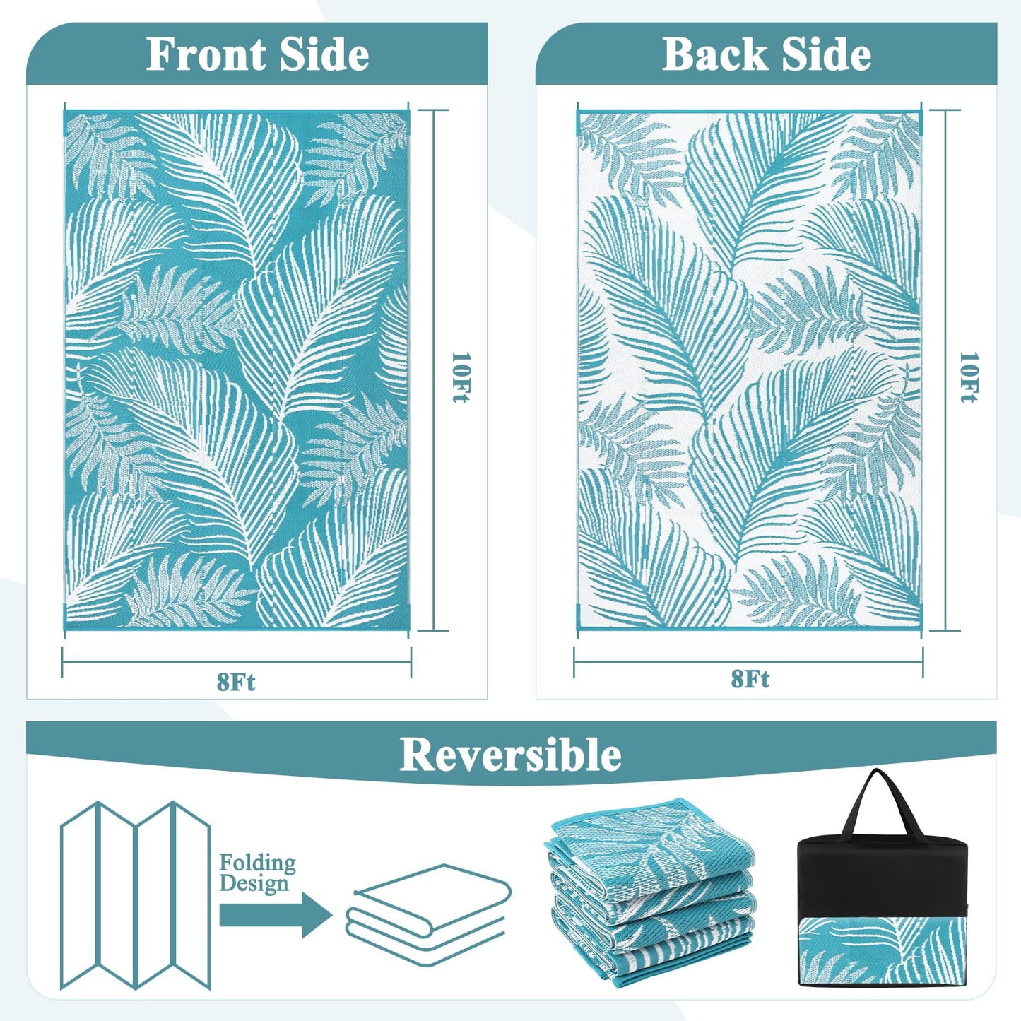 LOKHOM 8'x10' Teal Outdoor Rug Waterproof Reversible Geometric Carpet for RV,Patio,Balcony,Camper,Porch