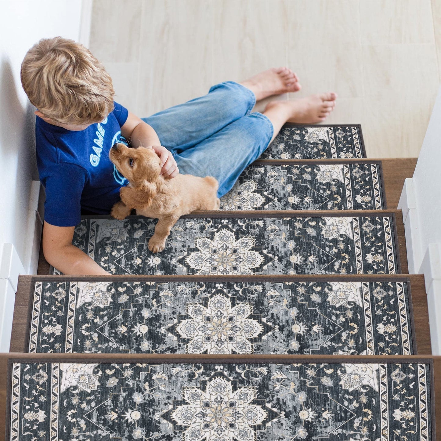 LOKHOM 15 Pack Carpet Stair Treads for Wooden Steps Indoor 8" X 30" Non Slip Staircase Step Treads for Dogs, Kids and Elders, Black