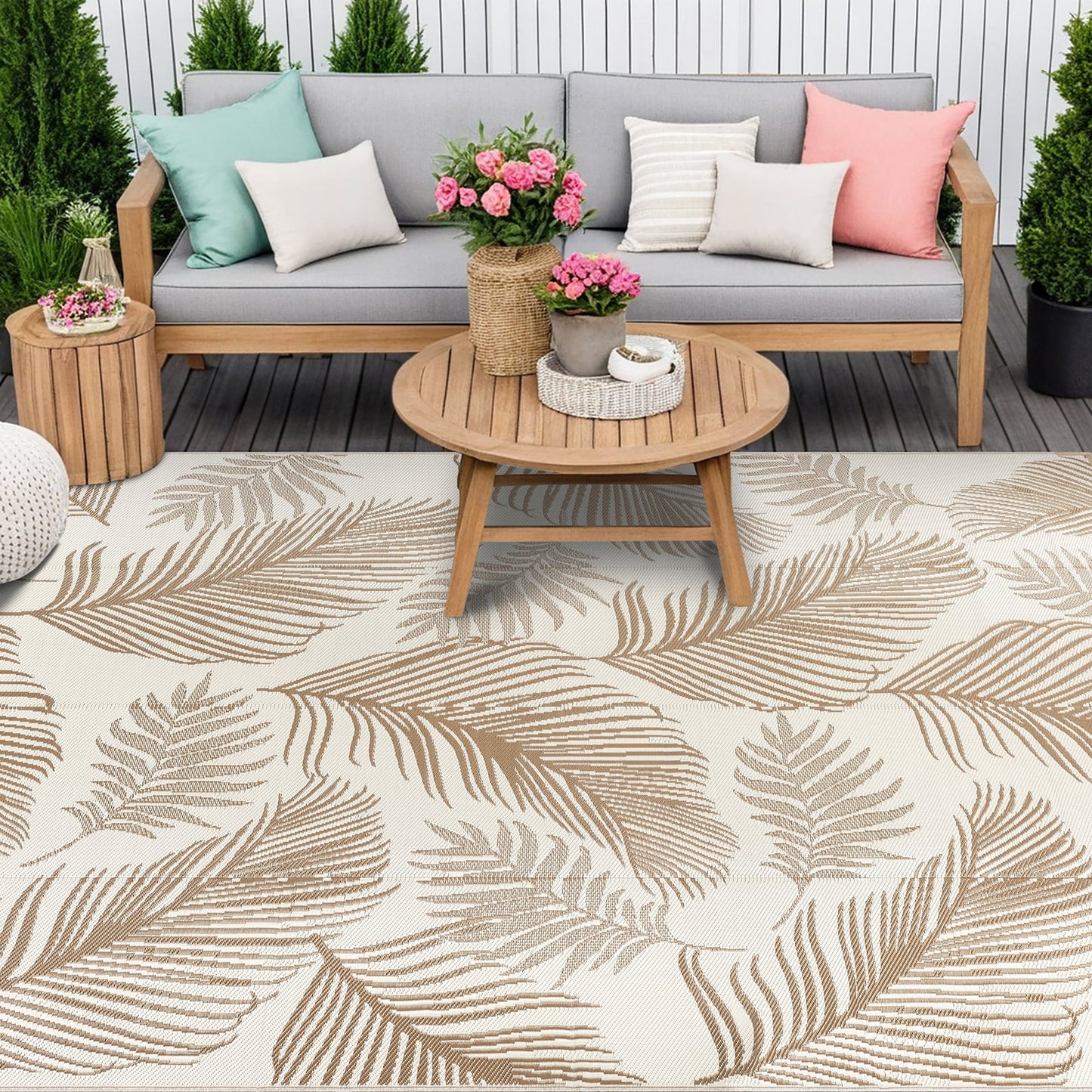 LOKHOM 8'x10' Beige Outdoor Rug Waterproof Reversible Plastic Straw Rug for Patios,Porch,RV,Beach