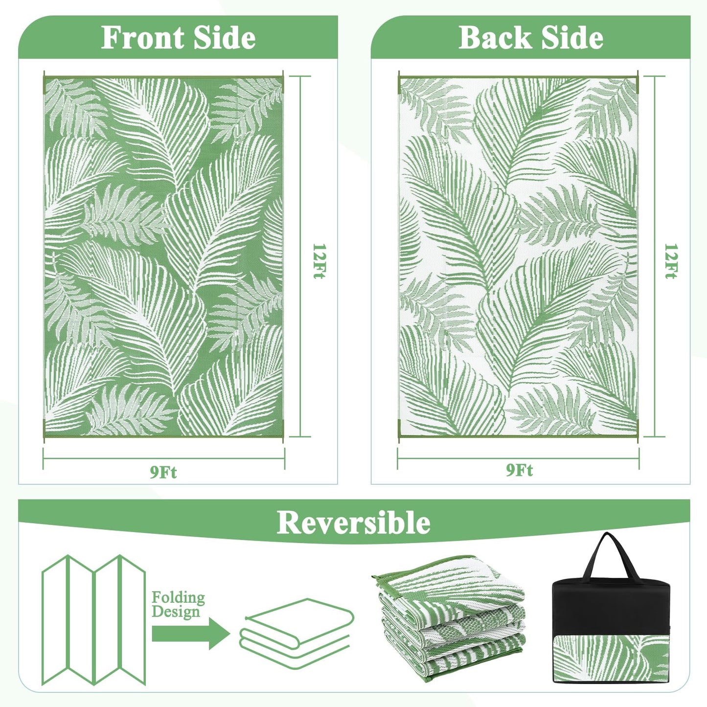 LOKHOM 9'x12' Green Outdoor Rug Waterproof Reversible Plastic Straw Rug for Patios,Porch,RV,Beach