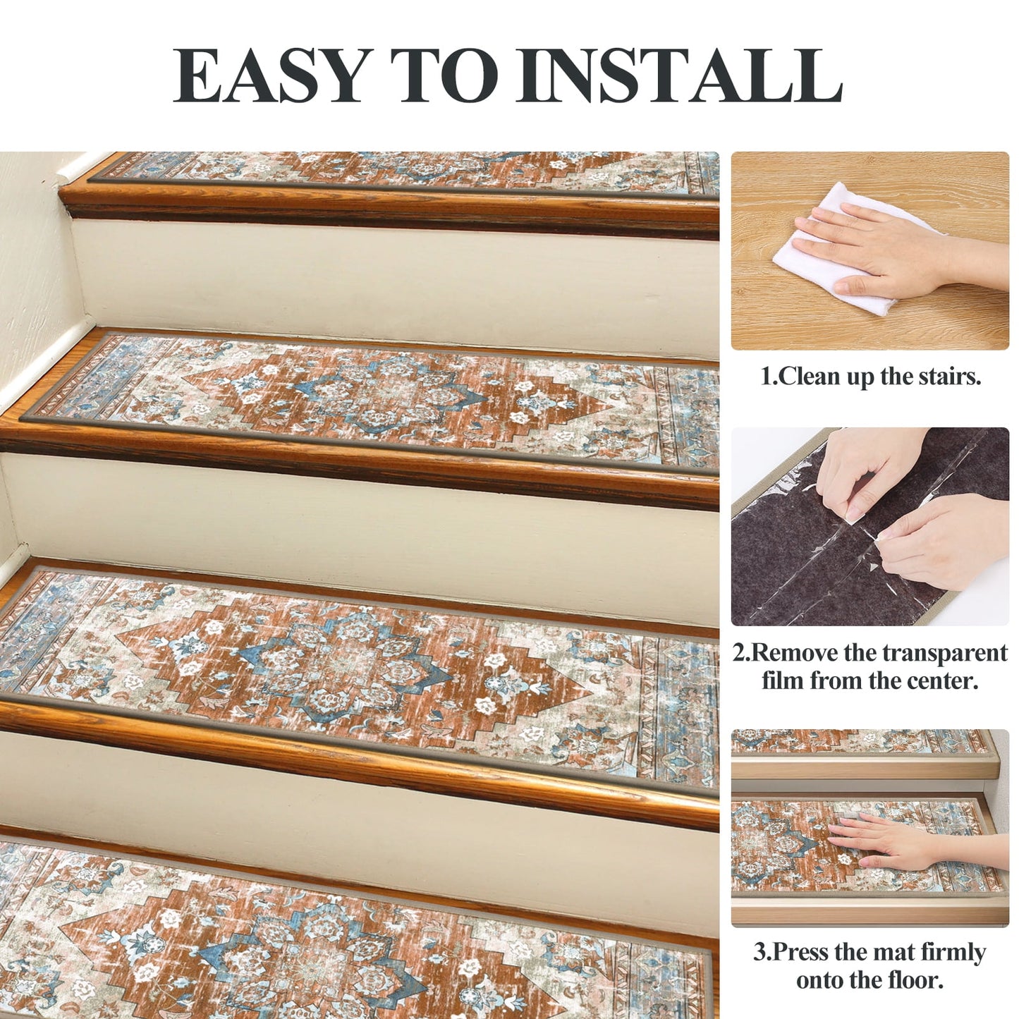 LOKHOM 15 Pack Carpet Stair Treads for Wooden Steps Indoor 8" X 30" Non Slip Staircase Step Treads for Dogs, Kids and Elders, Brown