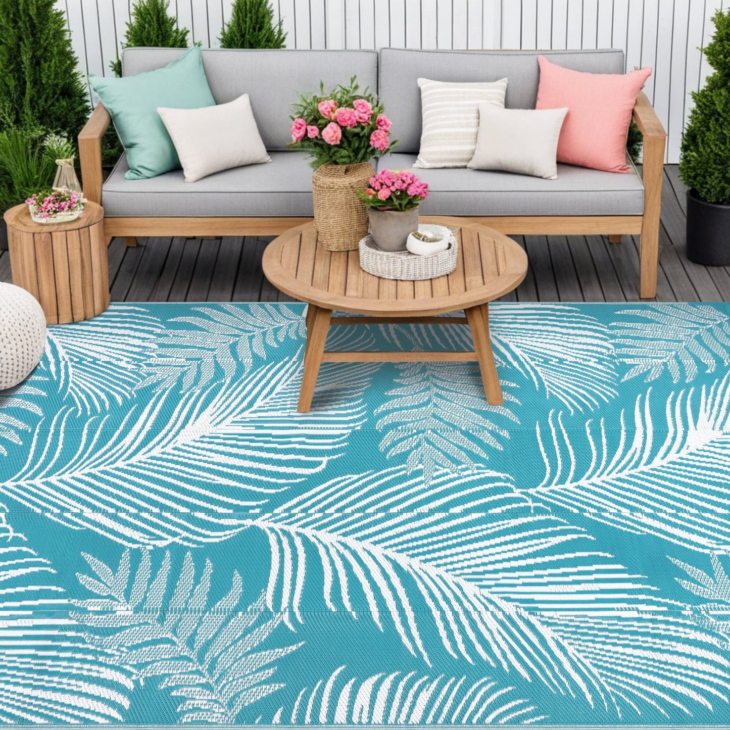 LOKHOM 6'x9' Teal Outdoor Rug Waterproof Reversible Geometric Carpet for RV,Patio,Balcony,Camper,Porch